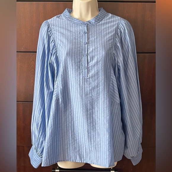CAARA Anthropologie Maglie Blouse Top XL Blue Puff Sleeves 1/4 Buttons - Picture 2 of 14